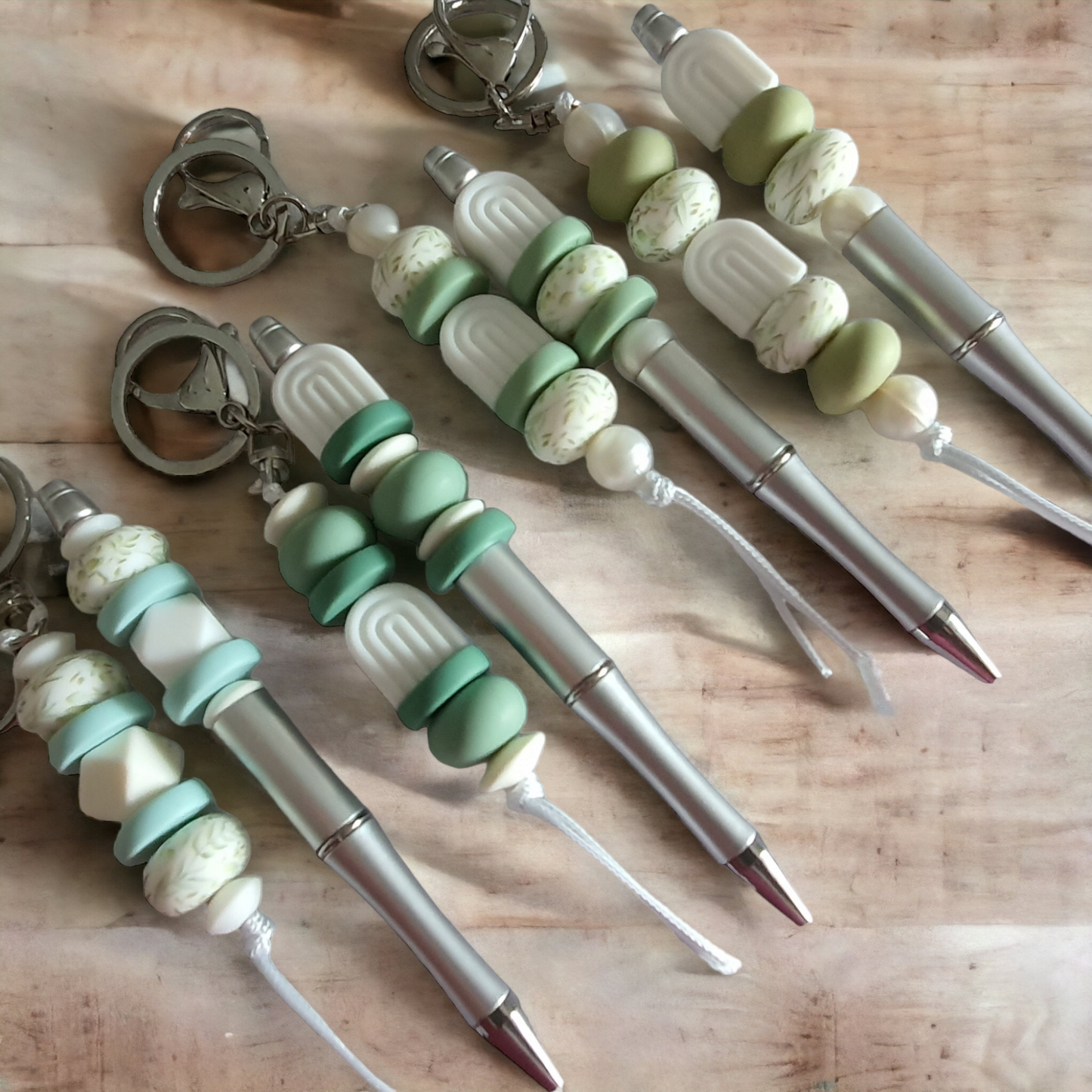 sage green leaf beaded pens with green white and sage green colours - peppatree design store