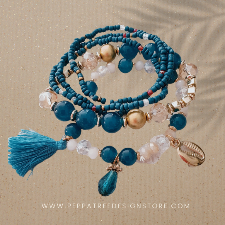 Seashell & Tassel Teal White and Gold Beach Boho Beaded Bracelet | Boho Chic Beach Style Set - PeppaTree Design Store