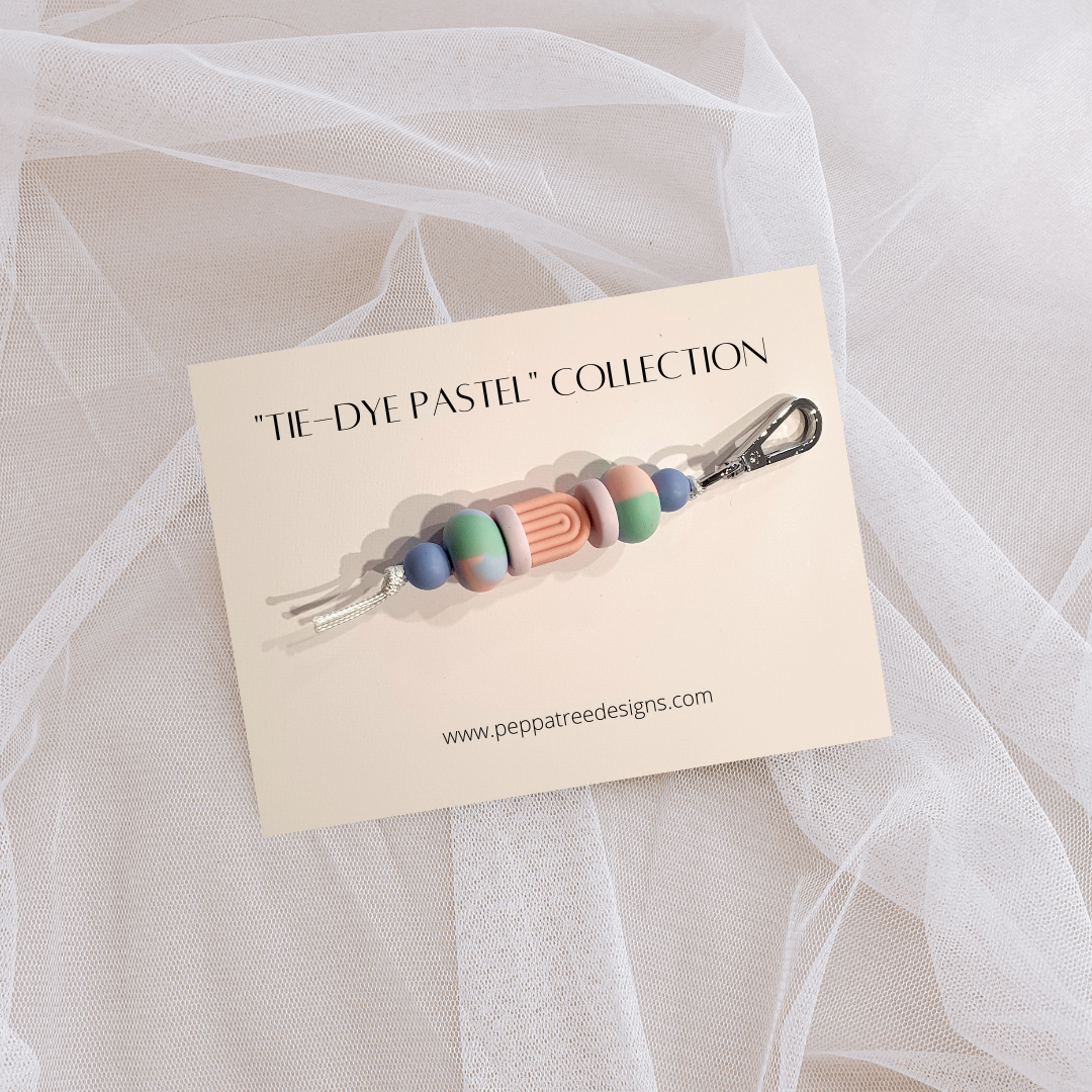 Boho Arch and Rainbow Abacus in Tie-Dye Pastels | Handmade Keyring or Lanyard - PeppaTree Design Store